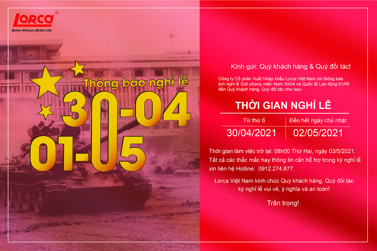 Lorca Việt Nam thông báo lịch nghỉ lễ 30-4 & 01-5